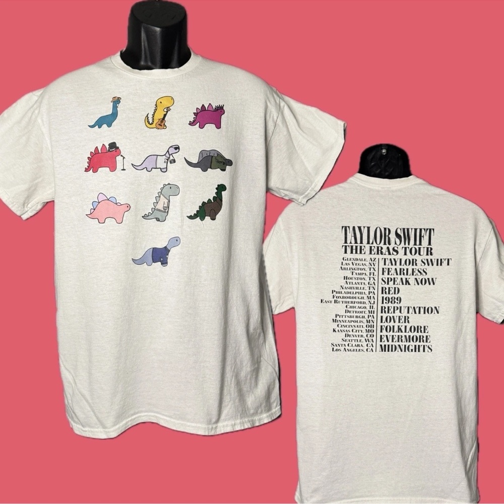 Taylor Swift Eras Tour Dinosaur 2-Sided Album White Unisex T-Shirt Size Medium